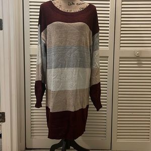 Cozy Casual 1XL sweater dress. Maroon, gray, tan stripe